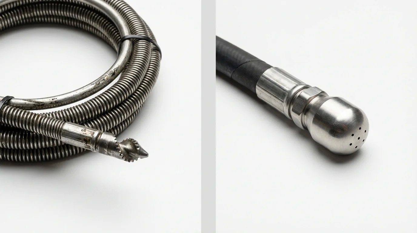 Drain snake cable and hydro jetting nozzle used for drain cleaning in Fremont, CA