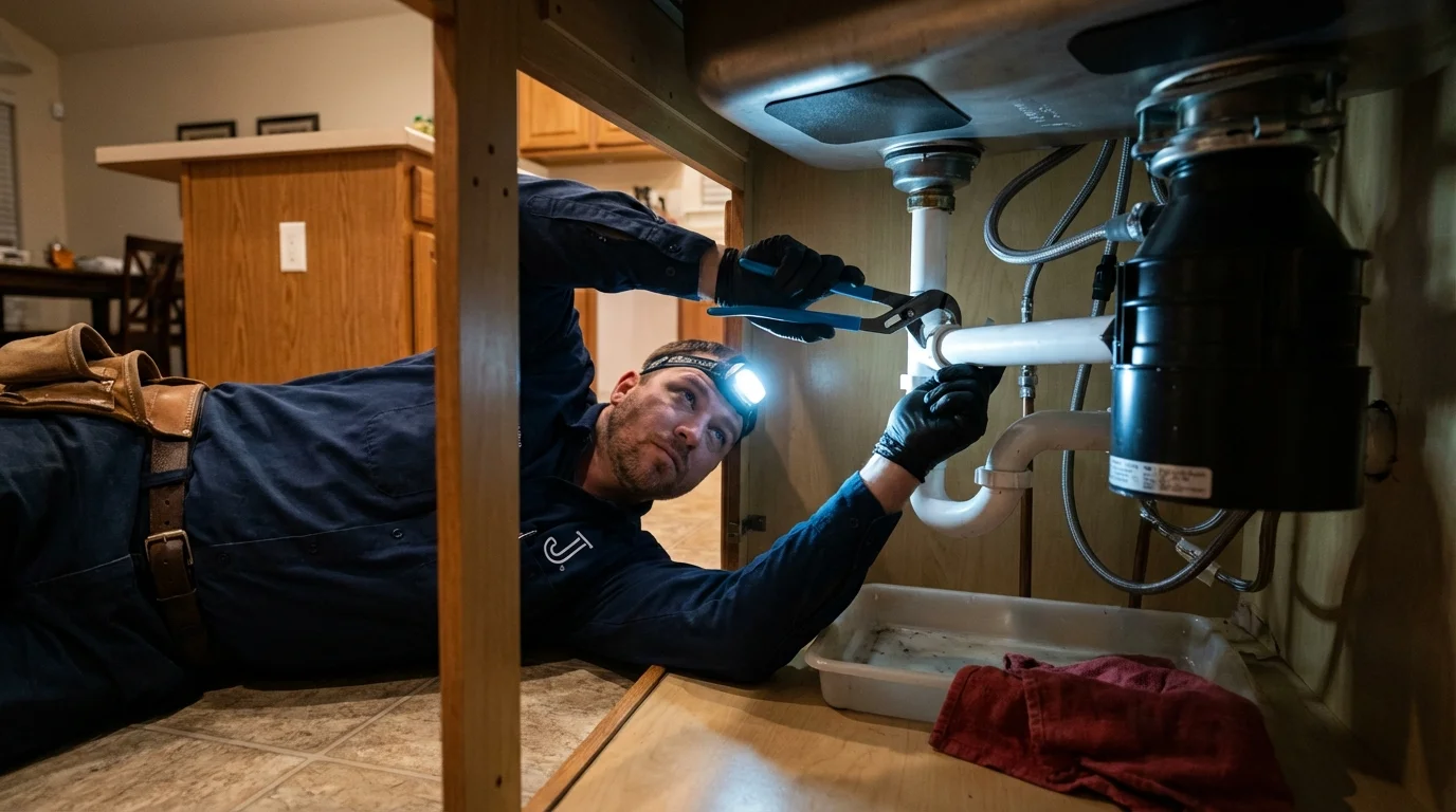 P-trap and supply line connections under a kitchen sink showing a common leak point in Fremont, CA